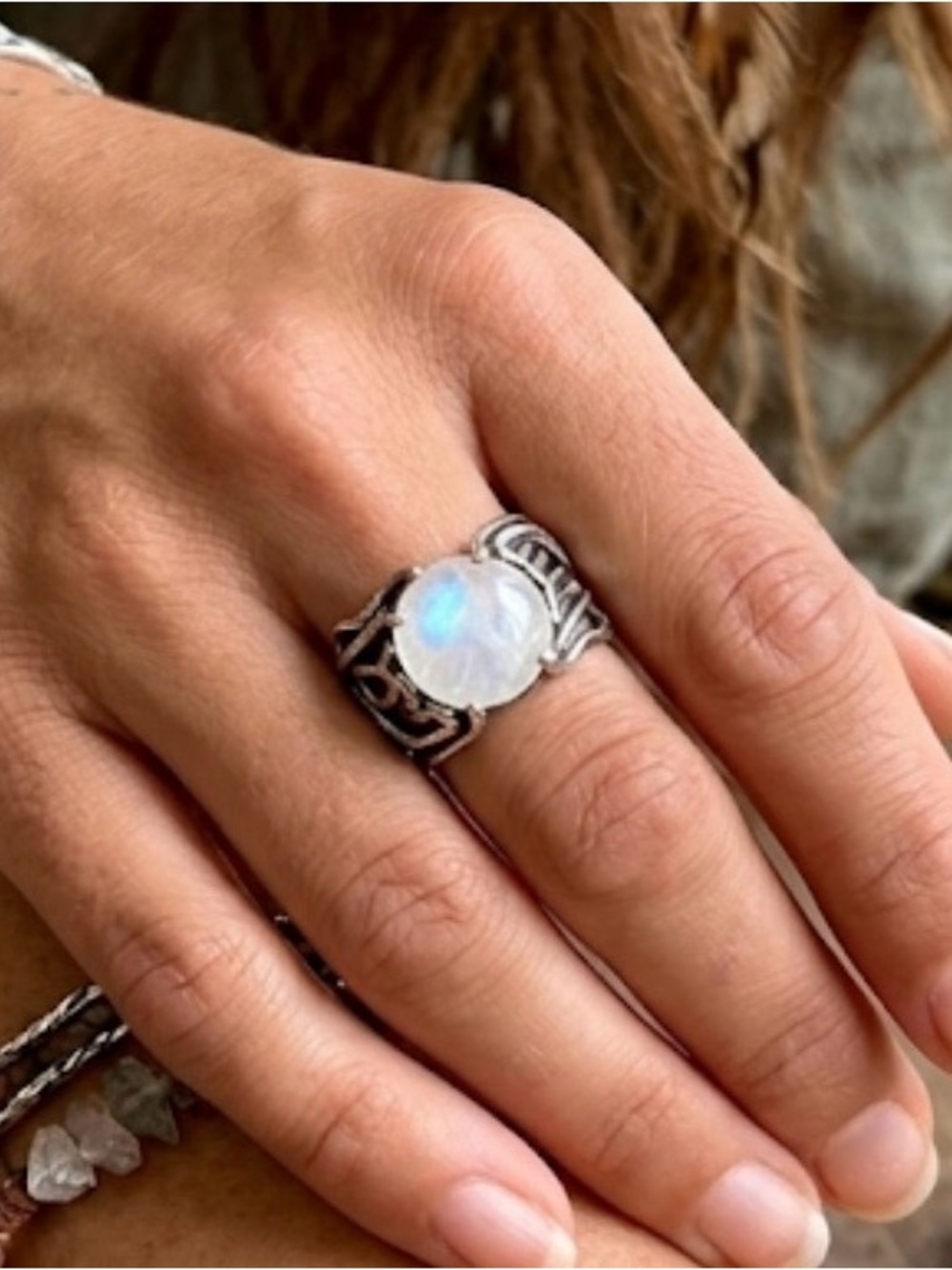 Artisan 10g Sterling Silver 925 Rainbow Moonstone Twig and Branch Ring Size 8